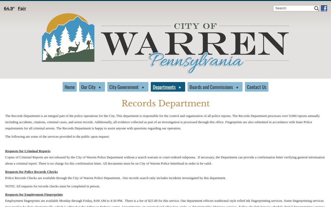 City of Warren Police arrest-record request page