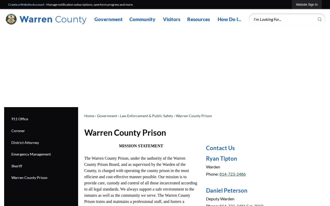 Warren County Prison official booking-record contact page